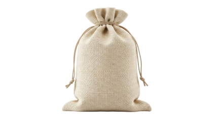 Beige burlap sack isolated PNG on transparent background, rustic pouch for storage and gifts, natural fiber bag