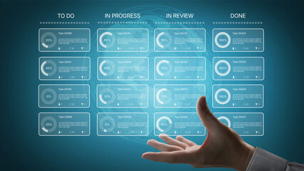 Task management tool dashboard showing kanban-style workflow with columns for to do, in progress,...