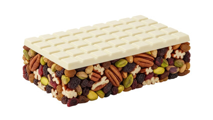 Obraz premium Delicious white chocolate bar with nuts and raisins isolated PNG, healthy snack with pecan, pistachio, almond and dried fruit on transparent background