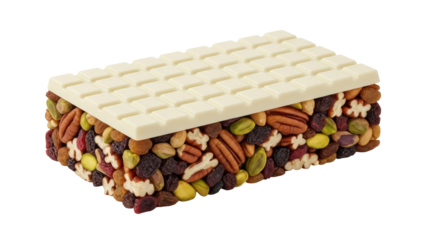 Delicious white chocolate bar with nuts and raisins isolated PNG, healthy snack with pecan, pistachio, almond and dried fruit on transparent background