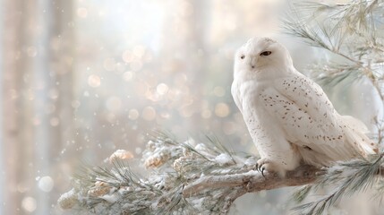 Obraz premium Snowy owl perched on a pine branch in a quiet winter setting with falling snow