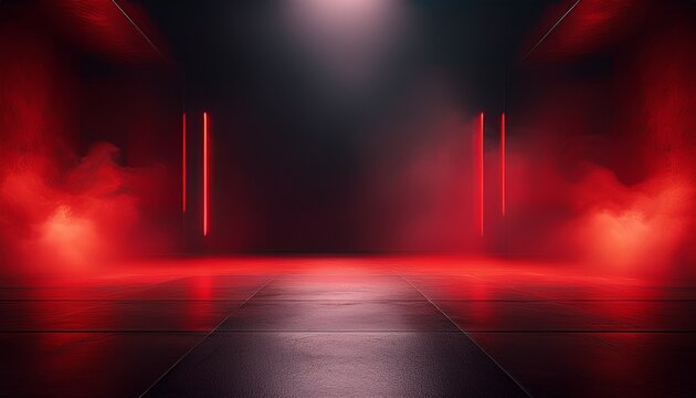 empty scene background dark background of empty room neon red light concrete floor smoke