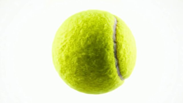 Close up view of a bright yellow tennis ball rotating on a plain white background with studio lighting