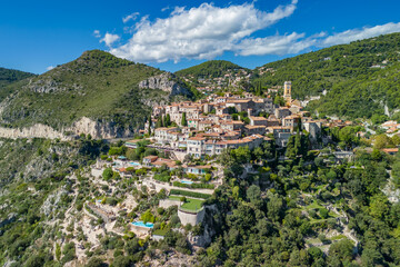 Aerial view of the medieval village of Eze, French Riviera, France.