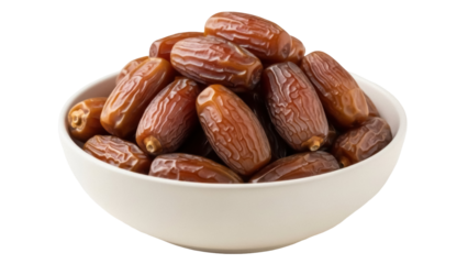Pile of brown dates in a bowl isolated PNG, sweet dried fruit for healthy eating and Ramadan, on transparent background