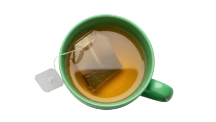 Green mug with tea bag isolated PNG, herbal beverage in cup on transparent background, hot drink for relaxation and wellness