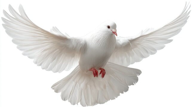 A white dove is flying in the air. The bird has red feet and a black beak
