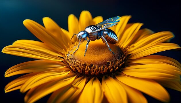 metallic robotic bee on yellow daisy n concept macro - Powered by Adobe