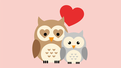 Fototapeta premium Whimsical illustration of two stylized owls with heart patterns on a soft pink background