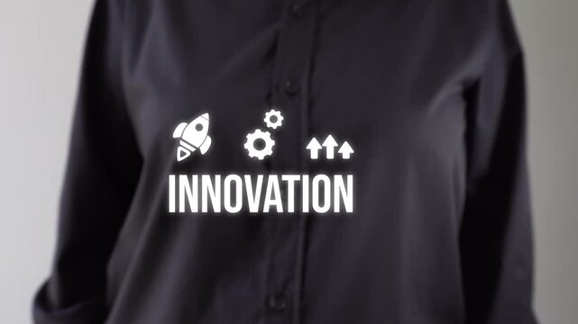 Businessperson pointing to an animated version of the word "innovation" with rocket icons, gears, and ascending arrow graphics.