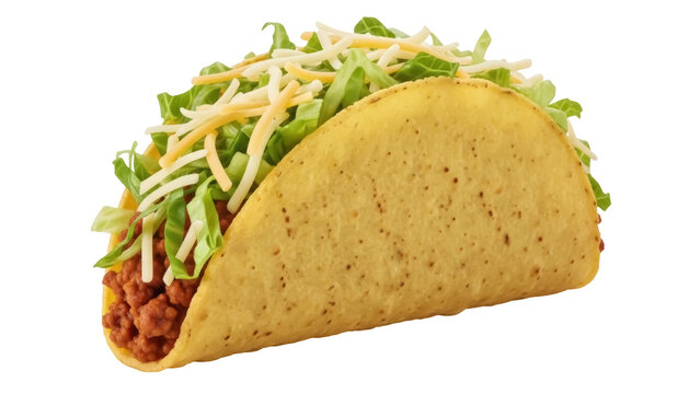 Delicious taco with ground beef, lettuce, and cheese isolated PNG, traditional Mexican fast food on transparent background