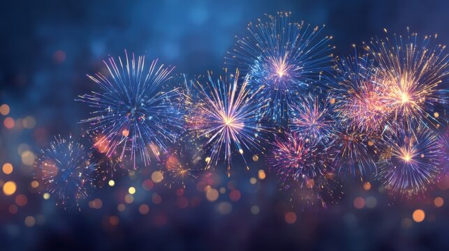 A fireworks display with a blue sky background. The fireworks are in different colors and are scattered throughout the sky. Scene is celebratory and festive