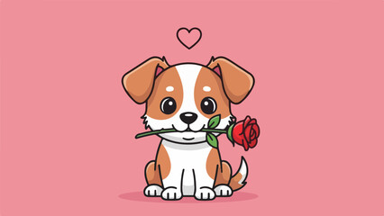 Obraz premium Cartoon dog holding a red rose with a heart above its head on a pink background