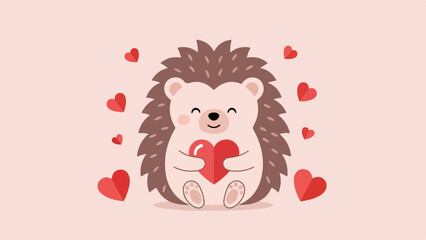 Whimsical hedgehog holding a red heart surrounded by floating hearts