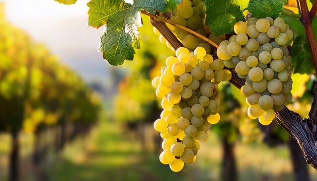 multiple bunches of ripe chenin blanc grapes on summer vine