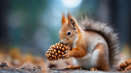 Wildlife creature storing pine cones, natural foraging behavior, autumn preparation, woodland scene, animal instinct, defocused forest background, with copy space