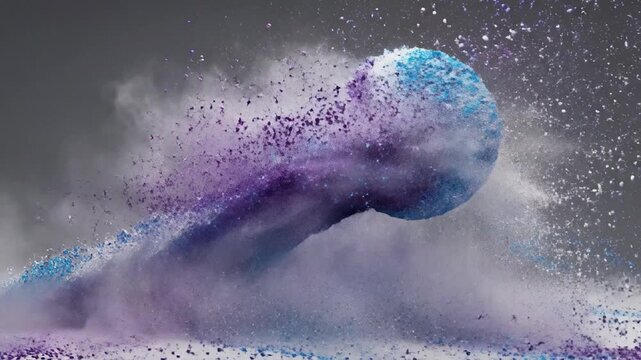 Multicolored bath bomb exploding in super slow motion. A sphere of purple, blue and white powder rolls and bursts leaving a trail of dust
