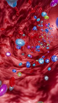Colorful vitamin molecules and erythrocytes, microscopic bloodstream view of nutrient balance and wellness, 3D Rendering
