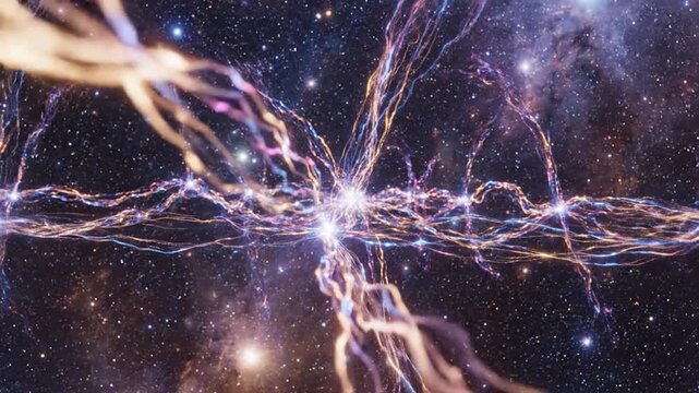 Journey through the large scale structure of the universe, flying past glowing filaments of gas and dark matter connecting galactic superclusters
