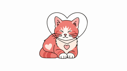 Whimsical pink and white cat illustration with heart-shaped collar and background