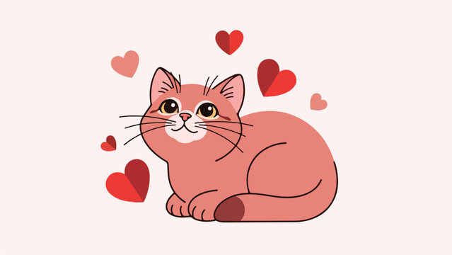 Playful pink cat illustration with red hearts on neutral background