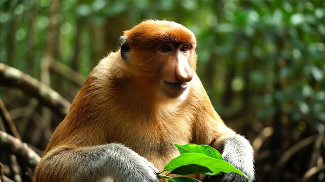 Close up of a proboscis monkey eating leaves in a lush green forest environment