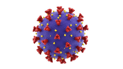 Detailed coronavirus virion isolated PNG, a microscopic pathogen with red spikes and yellow surface proteins on transparent background