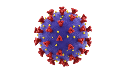 Detailed coronavirus virion isolated PNG, a microscopic pathogen with red spikes and yellow surface proteins on transparent background