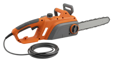 An electric chainsaw with a power cord, transparent background