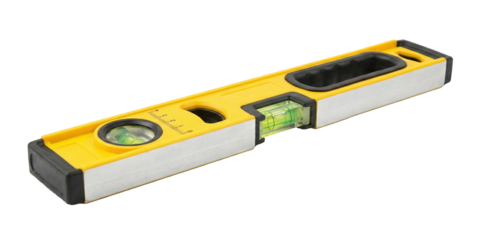 A yellow and silver spirit level for construction and DIY projects, transparent background