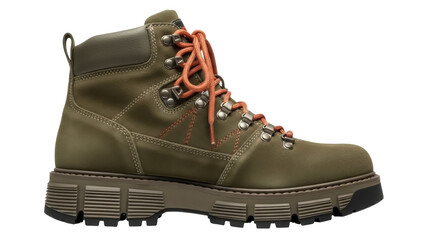 Olive green leather hiking boot PNG isolated on transparent background, lace-up ankle boot for outdoor adventure and rugged style