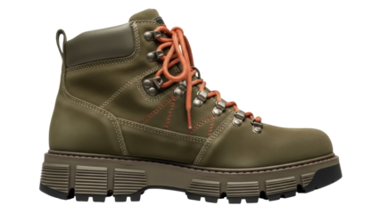 Olive green leather hiking boot PNG isolated on transparent background, lace-up ankle boot for outdoor adventure and rugged style