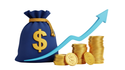 Blue money bag with dollar sign and golden coins isolated PNG, financial growth concept on transparent background