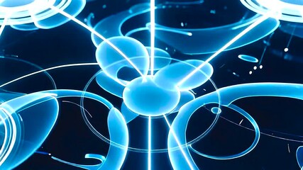 Glowing blue abstract shapes connected by lines of light creating a digital network. A conceptual animation representing data flow and technology - Powered by Adobe