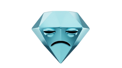 Sad diamond cartoon character isolated PNG, blue gem with a frowning face on transparent background, unhappy precious stone