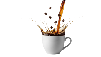Coffee splash in a white cup isolated PNG, coffee beans falling into a cup on transparent background, hot drink concept for cafe and restaurant