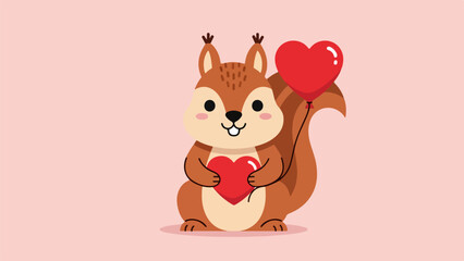 Fototapeta premium Charming illustrated squirrel holding a red heart with a smaller heart floating above its head