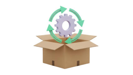 Cardboard box with gear and arrows isolated PNG, recycling process concept for delivery and manufacturing on transparent background