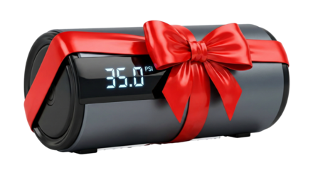 A portable digital tire pressure gauge wrapped as a gift, transparent background