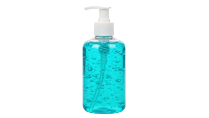 Blue hand sanitizer gel in clear bottle isolated PNG, antibacterial liquid soap for hygiene and health protection on transparent background
