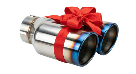 Dual car exhaust tip wrapped with a red ribbon, transparent background