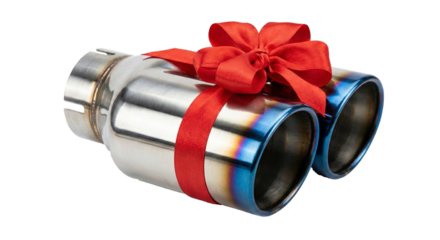 Dual car exhaust tip wrapped with a red ribbon, transparent background