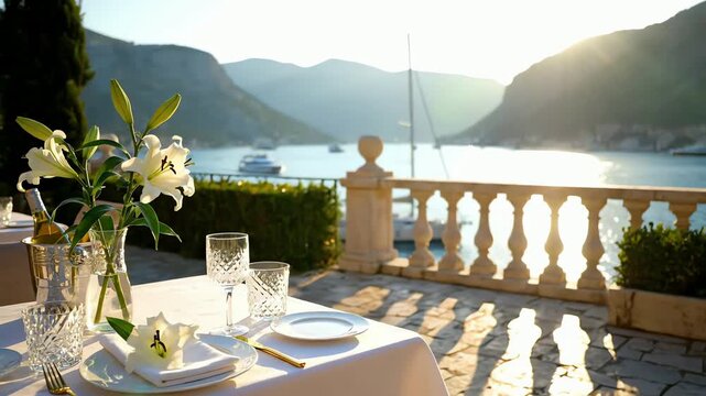 Elegant outdoor dining table set with white lilies overlooking a serene bay at golden hour