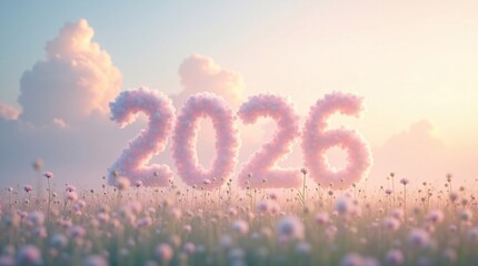 Naklejka premium 2026 Pink Cloud Numbers Over Flower Field. Pink cloud “2026” above flower field in pastel sky. Ideal for New Year, dreamy nature, and celebration themes.