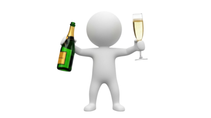 3D stick figure celebrating with champagne bottle and glass isolated PNG, party celebration concept on transparent background