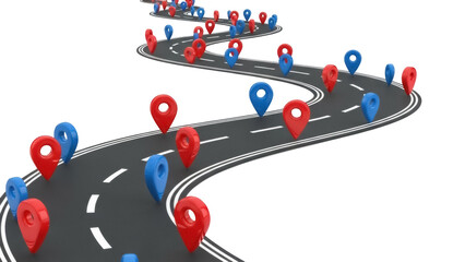 Winding road with red and blue map pointers isolated PNG, navigation concept on transparent background