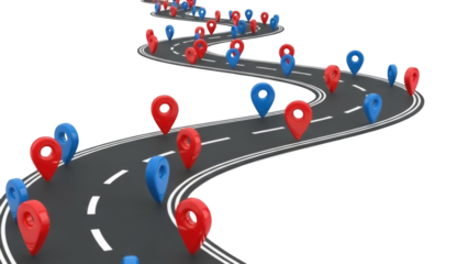 Winding road with red and blue map pointers isolated PNG, navigation concept on transparent background