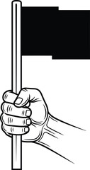 Stylized black and white illustration of a clenched hand firmly gripping a solid black flag.