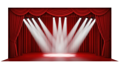 Red stage curtain with spotlights PNG isolated on transparent background, theater performance backdrop for presentations and graphic design