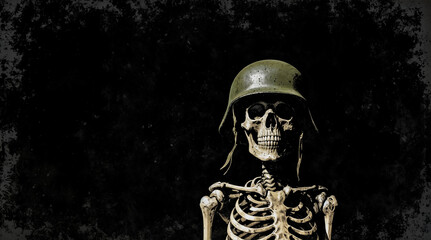 a skeleton wearing a green military helmet, set against a dark, grungy background. The skeleton is positioned in a sitting posture, with its hands resting on its lap.